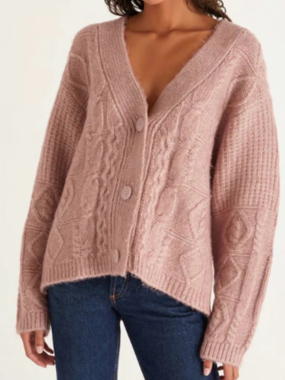 ZSupply Cable Knit Button-Front Cardigan Sweater - Blush Pink